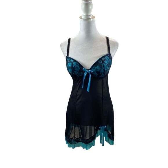 Per Lei Brand black and Turquoise Teddy Nightgown Size Small - Picture 2 of 11